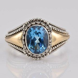 SUARTI BALI BA Sterling Silver & 18K Gold 2.5CT Blue Topaz Ring Dotted Size 8.75